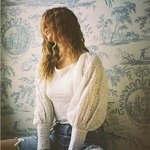 Free People Jasmine Tea Time Lace Blouse, Size S, Ivory, Puff Sleeve